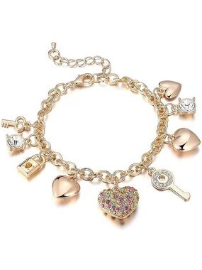 Anthropologie Gold-Tone Heart & Key Charm Bracelet with Multicolor Crystal Heart